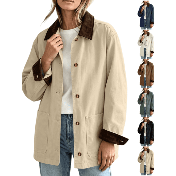 Trikvn Vintage Jackets Women Lightweight Lapel Collar Corduroy Long Sleeve Barn Jacket with Pockets Button Up Fall Cozy Trendy Loose Coat Winter Casual Daily Layering Outfit
