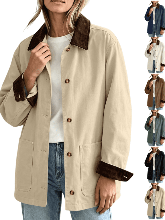 Vintage Jackets Women Lightweight Lapel Collar Corduroy Long Sleeve Barn Jacket with Pockets Button Up Fall Cozy Trendy Loose Coat Winter Casual Daily Layering Outfit