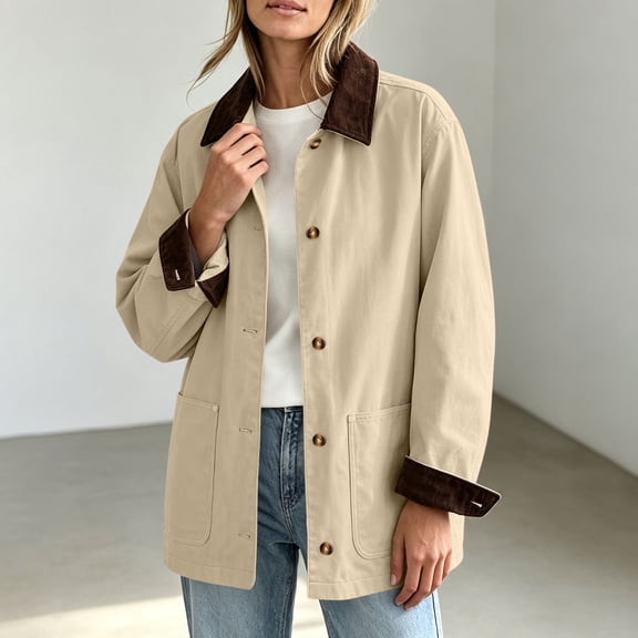 Trikvn Vintage Jackets Women Lightweight Lapel Collar Corduroy Long Sleeve Barn Jacket with Pockets Button Up Fall Cozy Trendy Loose Coat Winter Casual Daily Layering Outfit