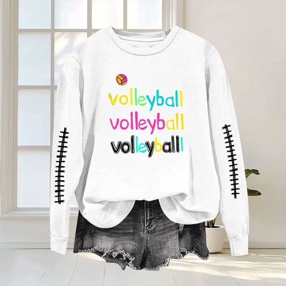 Trikvn Volleyball Graphic Sweatshirts for Women Casual Crewneck Long Sleeve Pullovers Fall Sports Fan Tops Letter Print Comfortable Activewear