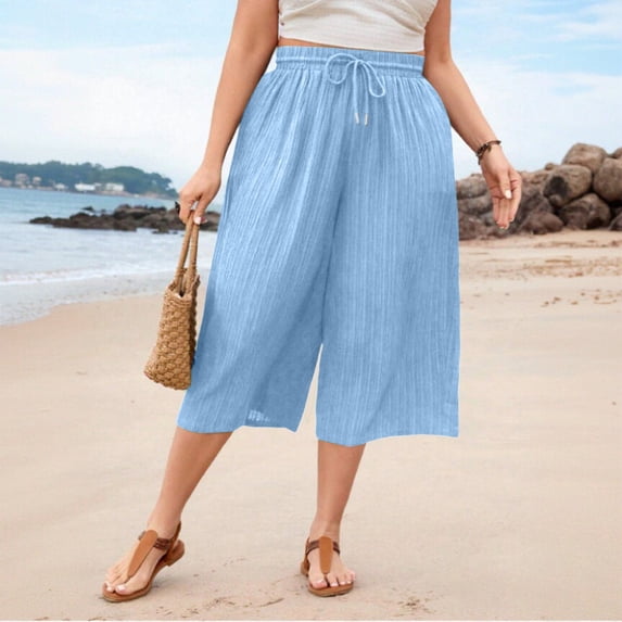Trikvn Wide Leg Capri Pants For Women Plus Size High Waisted Drawstring Casual Cropped Trousers With Pockets Crinkle Flowy Summer Beach Culottes