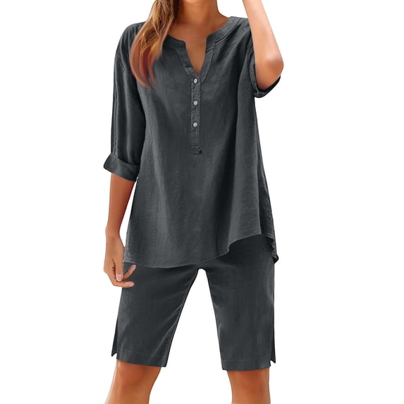 Trikvn Women Linen Sets 2 Piece Outfits Casual Summer Half Sleeve V Neck Tunic Top and Knee Length Bermuda Shorts Outfits Relaxed Fit Loungewear with Pockets