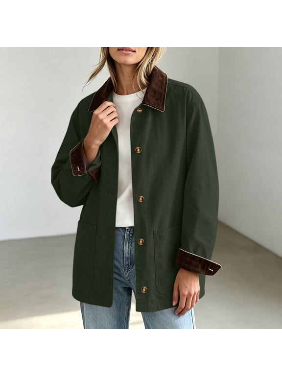 Women Vintage Barn Jacket Corduroy Collar Button down Casual Elegant Shacket with Pockets Lightweight Loose Cozy Outerwear for Fall Daily Layer