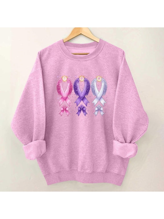 Women's Awareness Ribbon Graphic Sweatshirt Breast Cancer Support Shirts Long Sleeve Crewneck Pullover Casual Fall Tops with Angel Inspirational Tee