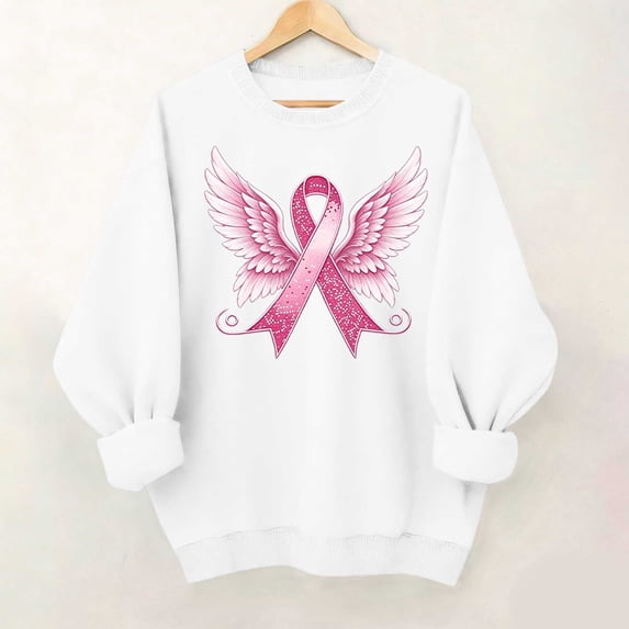 Trikvn Women's Breast Cancer Awareness Sweatshirts Angel Ribbon Graphic Print Crewneck Pullovers Long Sleeve Casual Cozy Tops for October Support Apparel