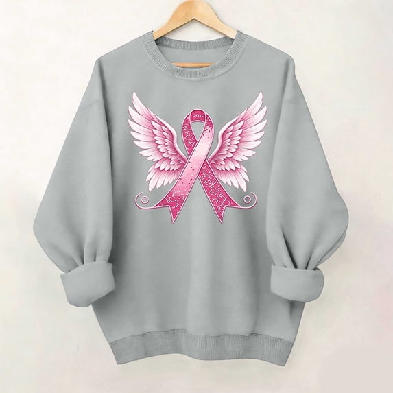 Trikvn Women's Breast Cancer Awareness Sweatshirts Angel Ribbon Graphic Print Crewneck Pullovers Long Sleeve Casual Cozy Tops for October Support Apparel