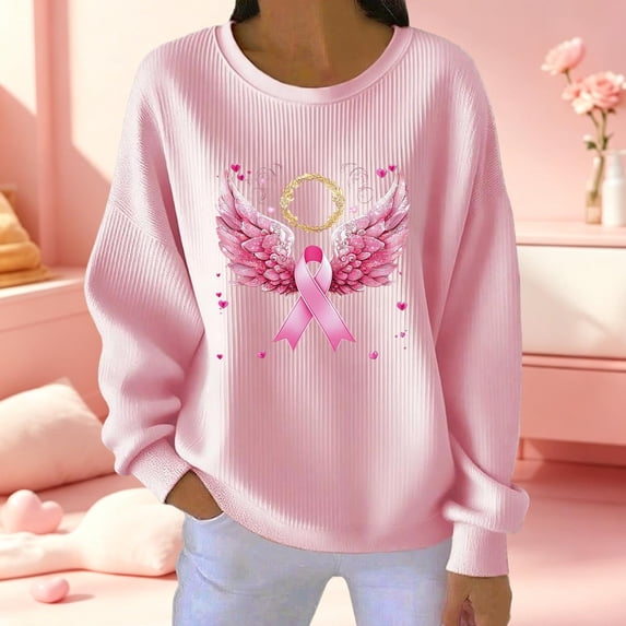 Trikvn Women's Casual Sweatshirts Breast Cancer Awareness Ribbon with Halo Graphic Pullover Tops Long Sleeve Crew Neck Ribbed Knit Fall Winter Shirts