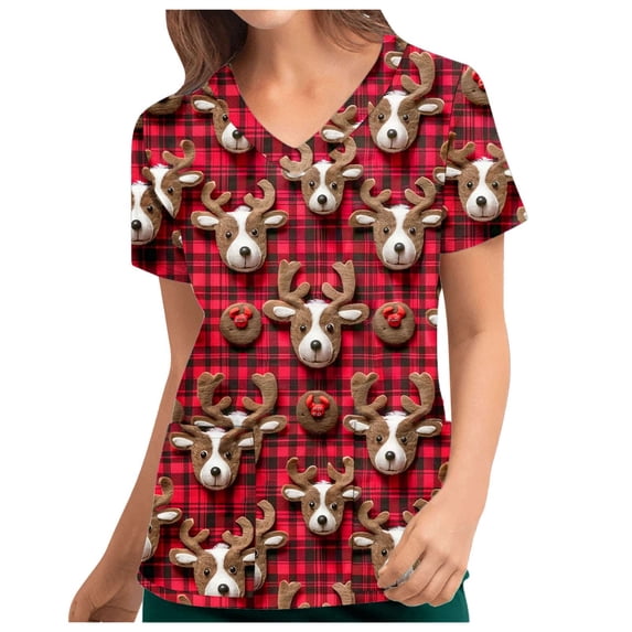 Trikvn Women's Christmas Scrub Tops V-Neck Short Sleeve Medical Nursing Uniforms with Pockets Festive Red Plaid Reindeer Print Holiday Caregiver Workwear
