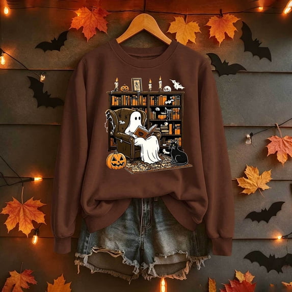 Trikvn Women's Cute Ghost Reading Book Graphic Sweatshirts Long Sleeve Crewneck Pullover Tops Casual Retro Halloween Season Shirts Cozy Book Lover Apparel