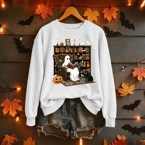 Trikvn Women's Cute Ghost Reading Book Graphic Sweatshirts Long Sleeve Crewneck Pullover Tops Casual Retro Halloween Season Shirts Cozy Book Lover Apparel