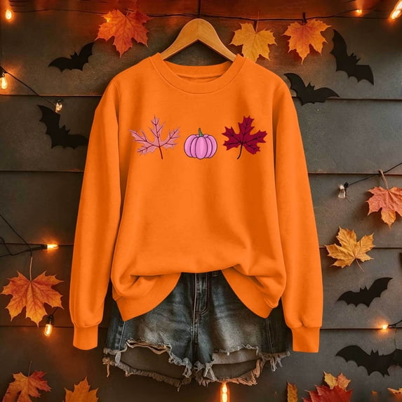 Trikvn Women's Cute Pumpkin Maple Leaf Graphic Sweatshirts Long Sleeve Crewneck Pullover Tops Casual Fall Autumn Thanksgiving Shirts Novelty Holiday Streetwear