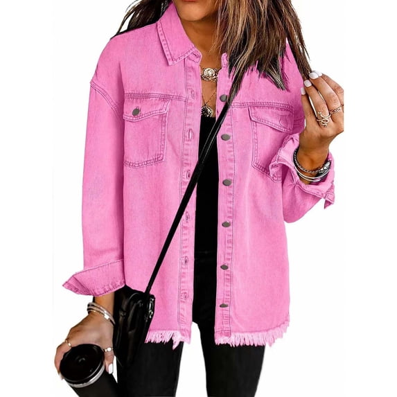 Trikvn Women's Denim Jacket Casual Button Down Jean Jackets Long Sleeve Shacket with Pockets Frayed Hem Loose Fit Fall Fashion Outerwear Vintage Style