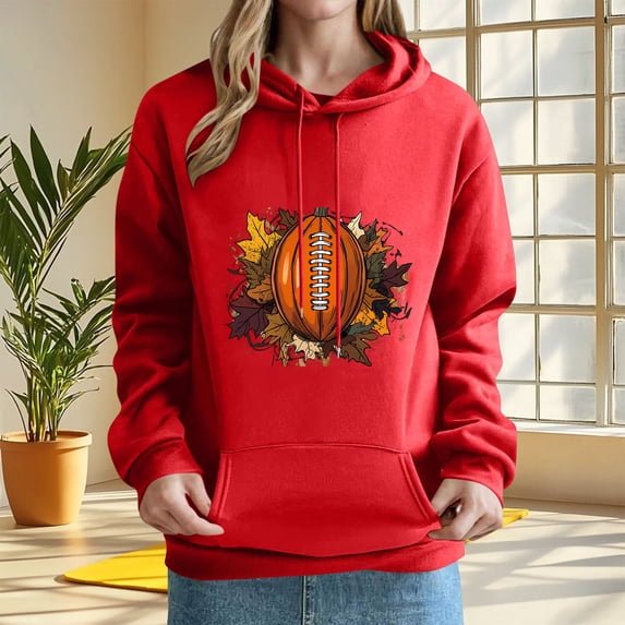 Trikvn Women's Fall Football Graphic Hoodies Leaves Print Long Sleeve Pullover Sweatshirts with Pocket Casual Game Day Novelty Tops Slouchy Fit Athletic Jumper