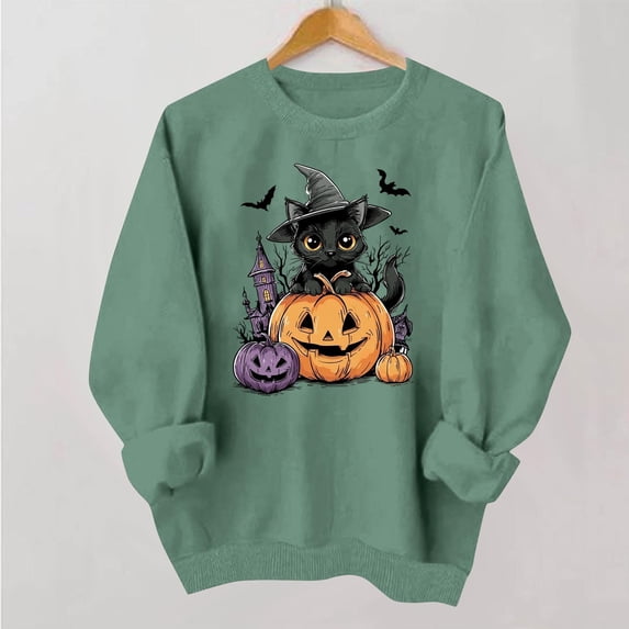Trikvn Women's Fall Pullover Sweatshirt Black Cat Witch Hat Pumpkin Graphic Crewneck Long Sleeve Tops Casual Loose Fit Cute Halloween Shirts Apparel Comfortable Wear