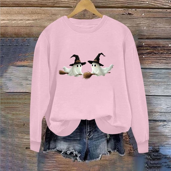 Trikvn Women's Funny Halloween Sweaters Crewneck Long Sleeve Pullover Tops Witch Hat Ghost Riding Broom Graphic Shirts Fall Casual Festive Cozy Holiday Apparel