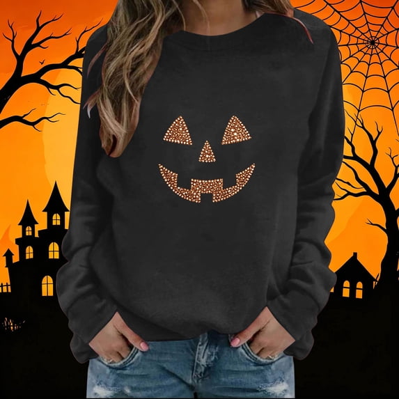 Trikvn Women's Halloween Sweatshirt Long Sleeve Crewneck Pullover Tops Rhinestone Pumpkin Face Graphic Tees Festive Fall Shirts Casual Holiday Party Clothes
