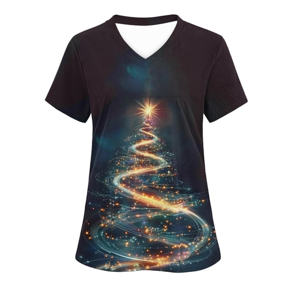 Trikvn Women's Holiday Scrubs Top Short Sleeve V-Neck Magical Christmas Tree Pattern Medical Nursing Workwear with Pockets Healthcare Professional Uniform Shirts