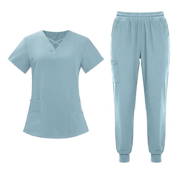 Trikvn Women's Jogger Scrub Sets Criss Cross V-Neck Top and Athletic Jogger Pants with Elastic Waist Medical Nursing Uniforms Active Workwear with Pockets