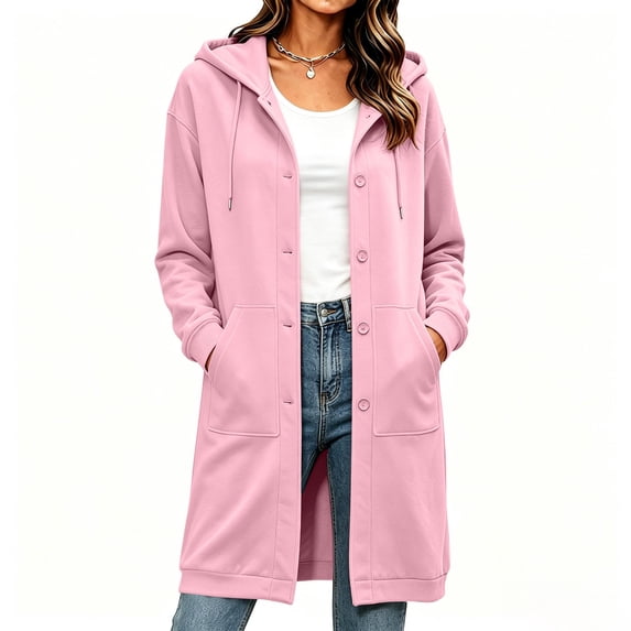 Trikvn Women's Long Hooded Sweatshirt Jacket Casual Button Down Cardigan Coat with Pockets Fall Winter Outerwear for Lounge Everyday Wear