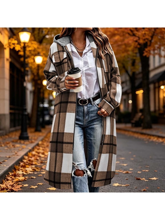 Women's Long Plaid Coat Zip Up Hooded Jacket Longline Flannel Duster Outerwear Fall Trench Coat with Chest Pockets Casual Trendy Winter Overcoat