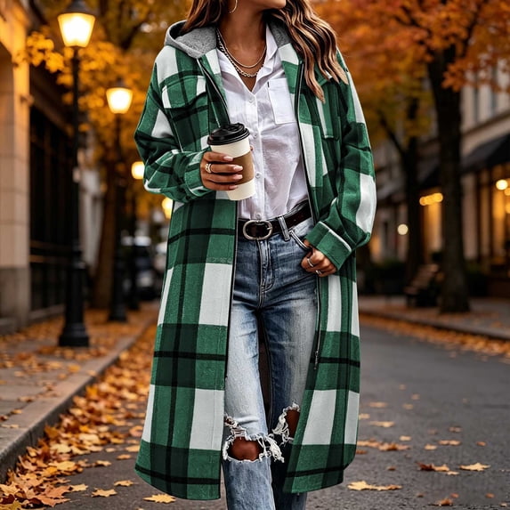 Trikvn Women's Long Plaid Coat Zip Up Hooded Jacket Longline Flannel Duster Outerwear Fall Trench Coat with Chest Pockets Casual Trendy Winter Overcoat