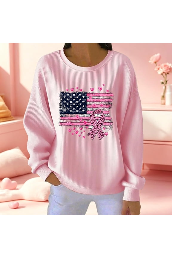 Women's Long Sleeve Crewneck Shirts Breast Cancer Awareness American Flag Leopard Ribbon Graphic Pullover Sweatshirts Ribbed Knit Casual Tops for Fall