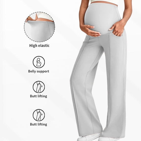 Trikvn Women's Maternity Pants Over The Belly Pregnancy Trousers Wide Leg Casual Work Lounge Pants with Side Pockets Stretchy Comfortable Postpartum Bottoms