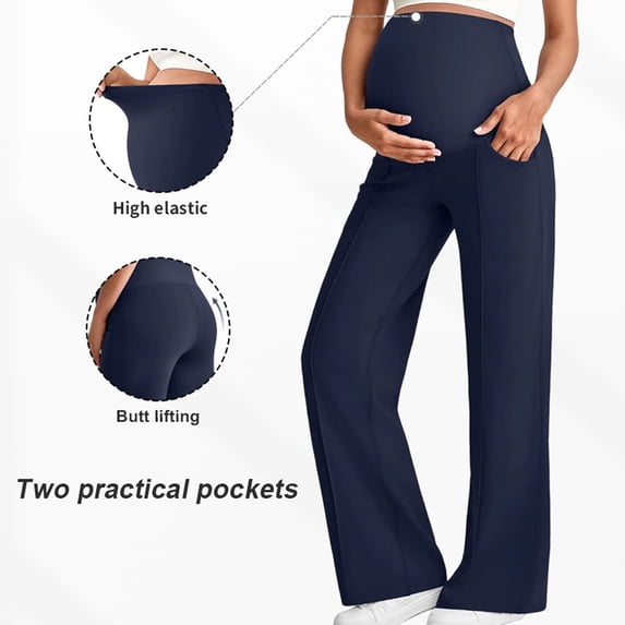 Trikvn Women's Maternity Pants Over The Belly Pregnancy Trousers Wide Leg Casual Work Lounge Pants with Side Pockets Stretchy Comfortable Postpartum Bottoms