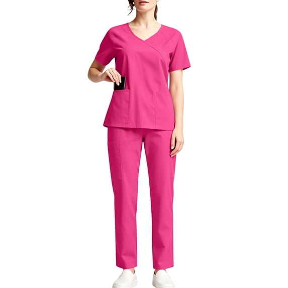 Trikvn Women's Medical Scrub Sets Mock Wrap V-Neck Nursing Uniforms Short Sleeve Top and Straight Leg Cargo Pants Soft Breathable Healthcare Apparel with Pockets