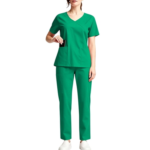 Trikvn Women's Medical Scrub Sets Mock Wrap V-Neck Nursing Uniforms Short Sleeve Top and Straight Leg Cargo Pants Soft Breathable Healthcare Apparel with Pockets