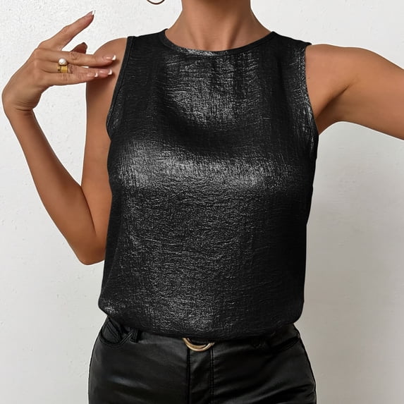 Trikvn Women's Metallic Shiny Sleeveless Tank Tops Crewneck Dressy Blouse Casual Summer Going Out Club Party Shirts Fashion Y2K Sparkly Silky Basic Cami Tops