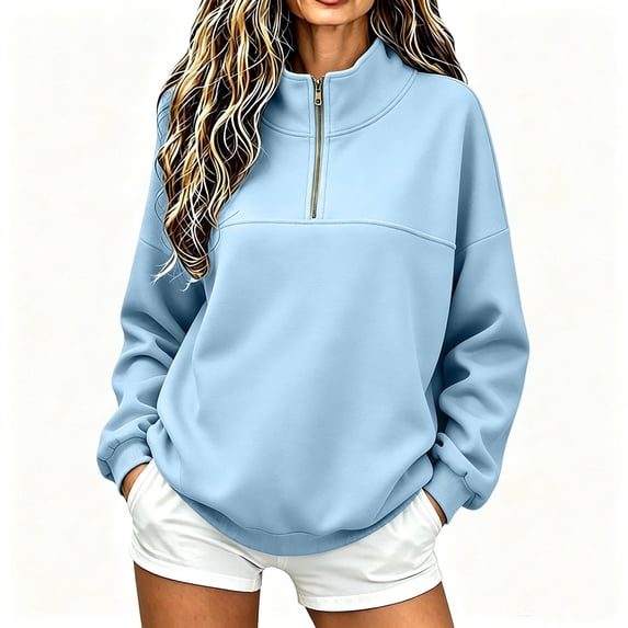 Trikvn Women's Quarter Zip Pullover Sweatshirts Long Sleeve Drop Shoulder Collared Fall Tops with Pockets Casual Slouchy Cozy Winter Clothes Fashion Jumpers