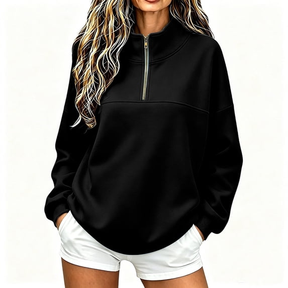 Trikvn Women's Quarter Zip Pullover Sweatshirts Long Sleeve Drop Shoulder Collared Fall Tops with Pockets Casual Slouchy Cozy Winter Clothes Fashion Jumpers
