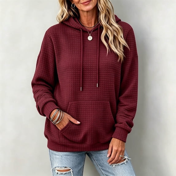 Trikvn Women's Quilted Pullover Hoodies Drawstring Sweatshirts with Kangaroo Pocket Long Sleeve Textured Casual Fall Tops Athletic Wear