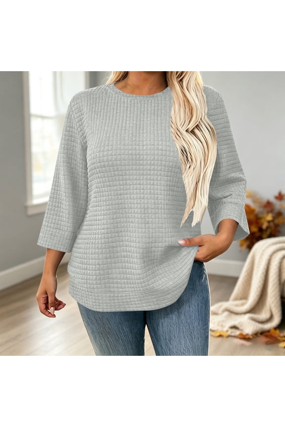 Women's Quilted Tunic Tops 3/4 Sleeve Shirts Crewneck Casual Waffle Knit Blouses Loose Fit Fall Pullover T-Shirts Basic Cozy Lounge Everyday Work Wear