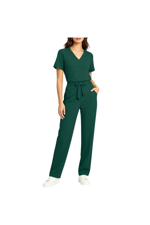 Women's Scrub Sets V-Neck Medical Uniforms with Tie Waist Nursing Scrubs Short Sleeve Top and Straight Leg Cargo Pants Multi-Pocket Stretch Workwear