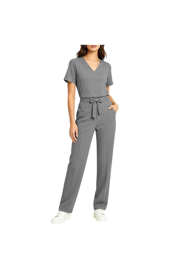 Women's Scrub Sets V-Neck Medical Uniforms with Tie Waist Nursing Scrubs Short Sleeve Top and Straight Leg Cargo Pants Multi-Pocket Stretch Workwear