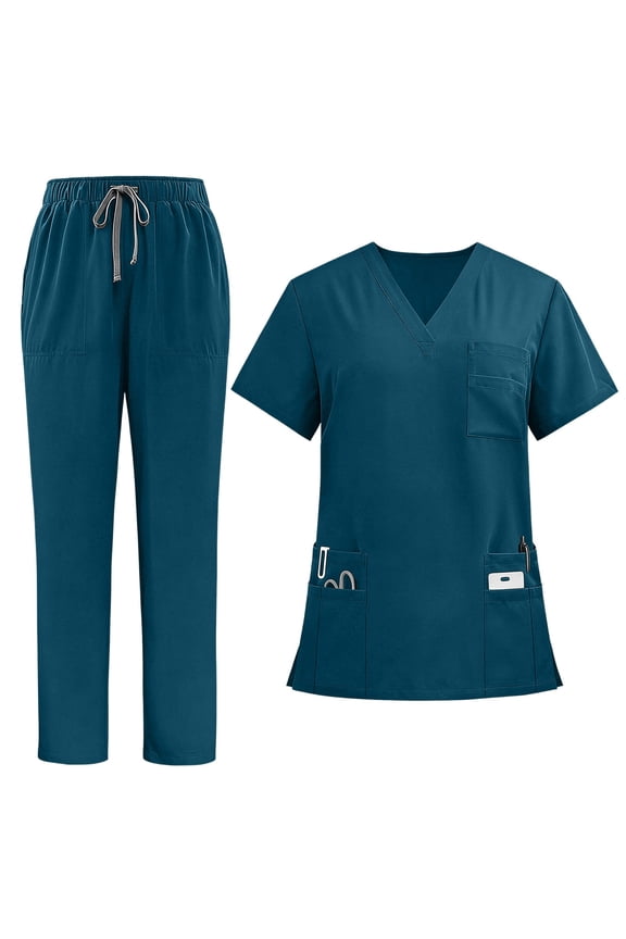 Women's Scrub Sets V-Neck Medical Uniforms Top and Drawstring Pants Nursing Workwear Suits with Multi-Pockets Short Sleeve Athletic Stretch Healthcare Apparel for Spa