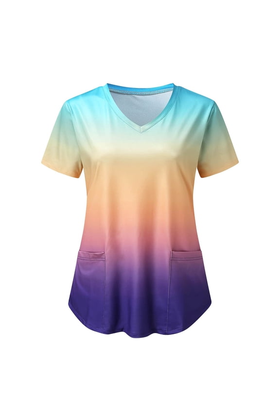 Women's Scrub Tops Ombre Gradient Color V-Neck Short Sleeve Medical Nursing Shirts with Roomy Pockets Breathable Spa Healthcare Worker Uniform Blouse