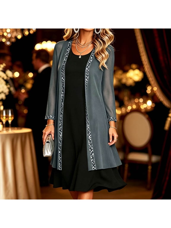 Women's Sheer Cardigan Long Chiffon Duster Open Front Cover Up Jackets with Sequin Trim Dressy Elegant Evening Outfit for Wedding Guest
