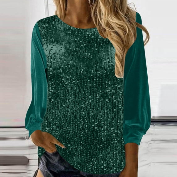 Trikvn Women's Sparkly Sequin Tops Long Sleeve Crewneck T-Shirts Glitter Casual Blouse Dressy Party Shirts Elegant Pullover for Holiday Clubwear Dating Outfit