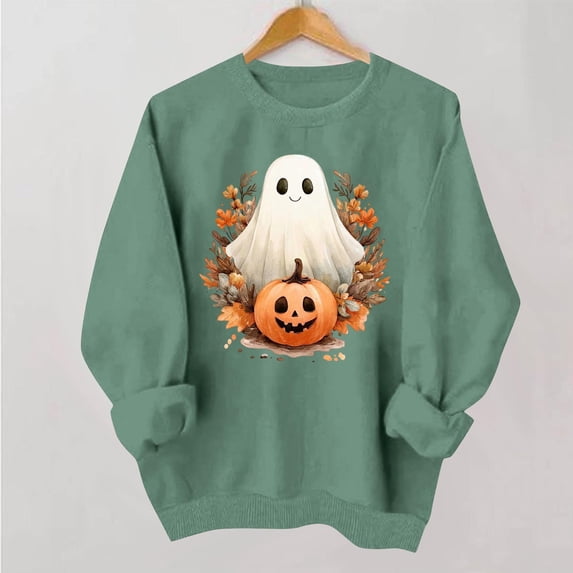 Trikvn Women's Vintage Fall Sweatshirts Halloween Ghost Pumpkin Print Pullover Tops Long Sleeve Crewneck Casual Activewear Loose Fit Holiday Graphic Shirts