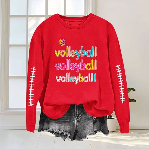 Trikvn Women's Volleyball Graphic Sweatshirts Long Sleeve Crewneck Pullover Tops Casual Fall Game Day Shirts Colorful Letter Print Sports Athlete Mom Clothing