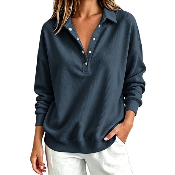 Trikvn Women's Waffle Knit Henley Shirt Long Sleeve V Neck Button Down Collared Pullover Tops Casual Loose Fit Ribbed Blouse for Work Office Everyday Wear Fall Fashion