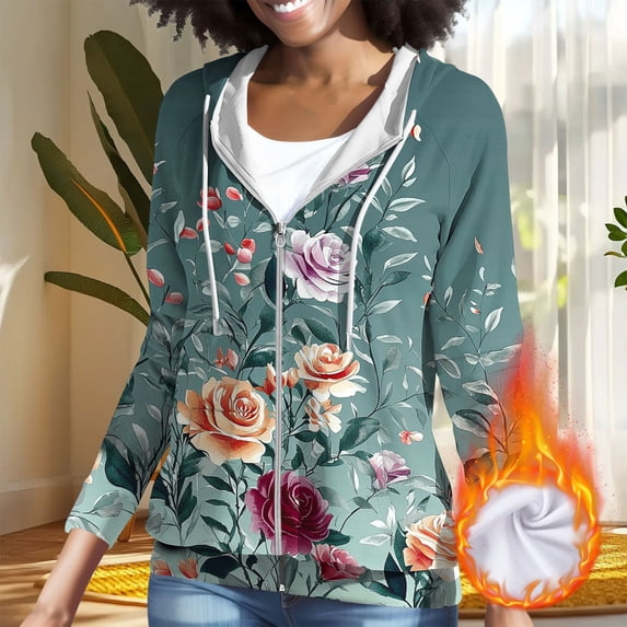 Trikvn Women's Zip Up Hoodie Floral Print Lightweight Long Sleeve Sweatshirt Vintage Botanical Full Zip Jacket with Pockets Drawstring Outerwear for Fall Spring Daily Wear