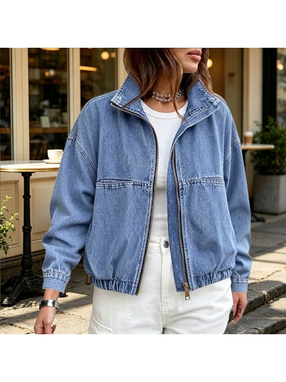 Women's Zip Up Denim Jacket Long Sleeve Bomber Coat Elastic Hem Casual Lightweight Outerwear Drop Shoulder Stand Collar Fall Jackets
