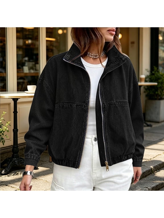 Women's Zip Up Denim Jacket Long Sleeve Bomber Coat Elastic Hem Casual Lightweight Outerwear Drop Shoulder Stand Collar Fall Jackets