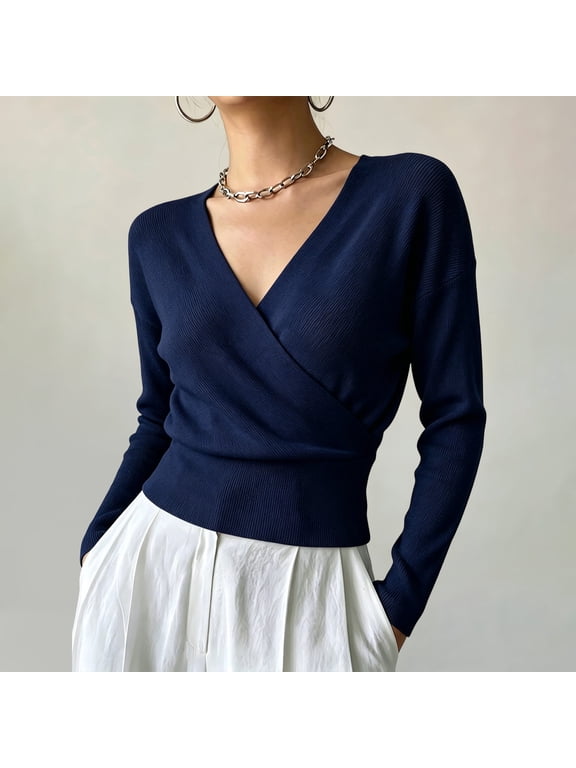 Womens Deep V Neck Wrap Sweater Ribbed Knit Pullover Tops Long Sleeve Slim Fit Flattering Fall Winter Elegant Casual Jumper Fashion Basic Wardrobe Essential
