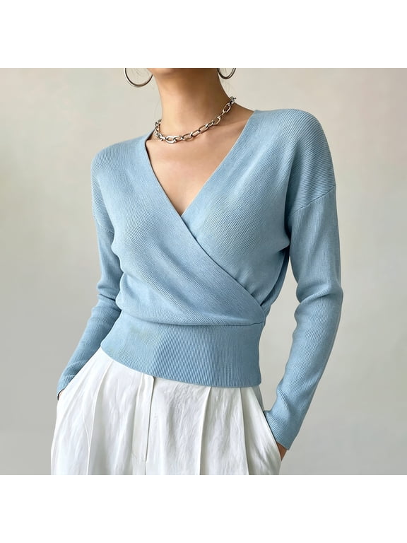 Womens Deep V Neck Wrap Sweater Ribbed Knit Pullover Tops Long Sleeve Slim Fit Flattering Fall Winter Elegant Casual Jumper Fashion Basic Wardrobe Essential