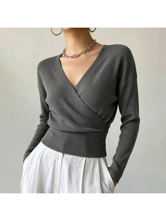 Womens Deep V Neck Wrap Sweater Ribbed Knit Pullover Tops Long Sleeve Slim Fit Flattering Fall Winter Elegant Casual Jumper Fashion Basic Wardrobe Essential